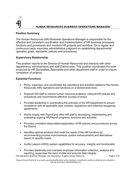 (HR) Business Operations Manager Is Responsible