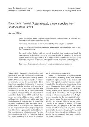 Baccharis Malmei (Asteraceae), a New Species from Southeastern Brazil