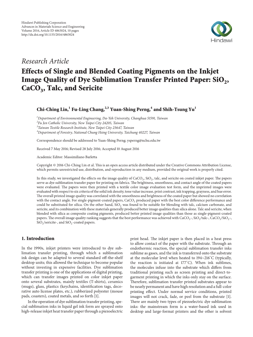 Research Article Effects of Single and Blended Coating Pigments on the Inkjet Image Quality of Dye Sublimation Transfer Printed Paper: Sio2, Caco3, Talc, and Sericite