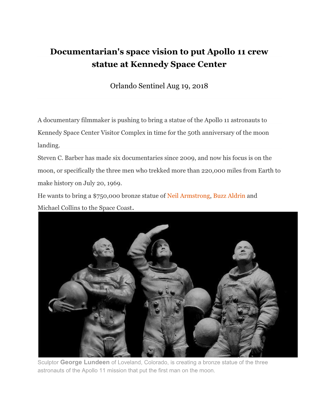 George Lundeen-Apollo 11 Crew Statue Planned