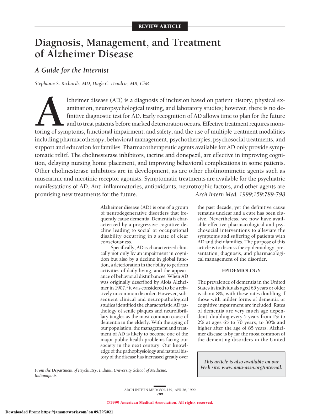 Diagnosis, Management, and Treatment of Alzheimer Disease a Guide for the Internist