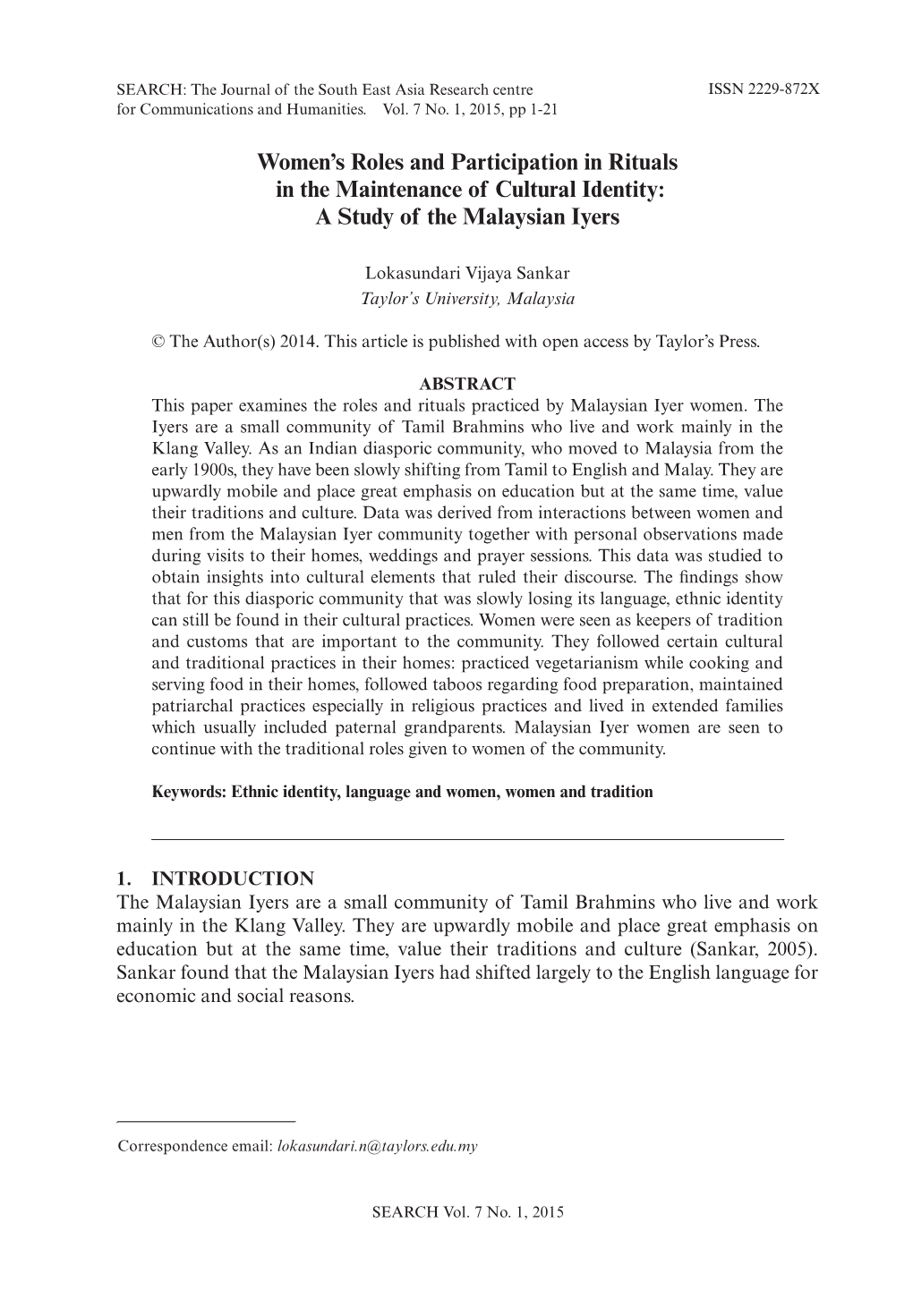 Women's Roles and Participation in Rituals in the Maintenance of Cultural Identity: a Study of the Malaysian Iyers