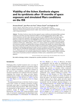 Viability of the Lichen Xanthoria Elegans and Its Symbionts After 18 Months of Space Exposure and Simulated Mars Conditions on the ISS