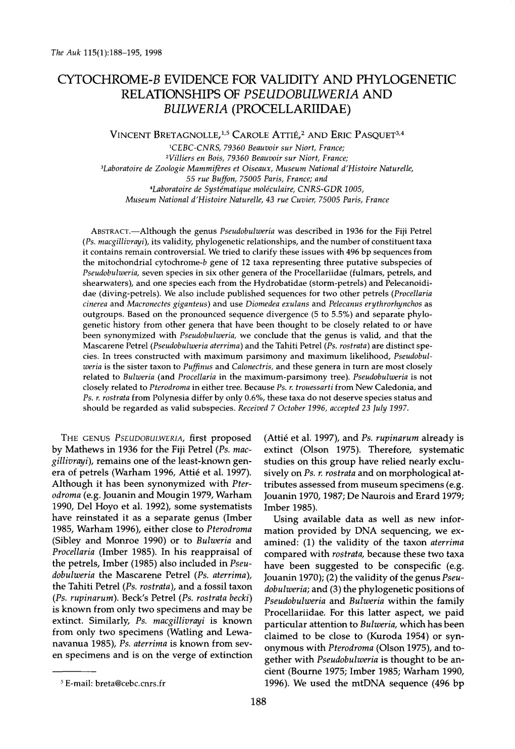 Cytochrome-B Evidence for Validity and Phylogenetic Relationships of Pseudobulweria and Bulweria (Procellariidae)