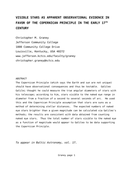 Visible Stars As Apparent Observational Evidence in Favor of the Copernican Principle in the Early 17Th Century