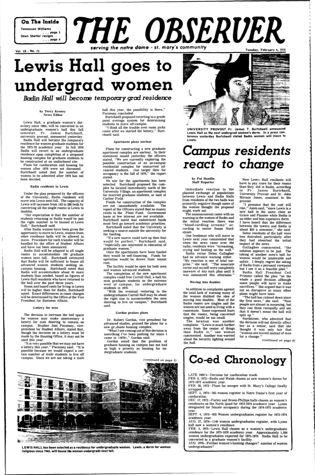 Lewis Hall Goes to Undergrad Women Badin Hall Will Become Temporary Grad Residence