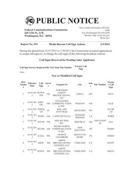 PUBLIC NOTICE News Media Information 202/418- Federal Communications Commission 0500 445 12Th St., S.W