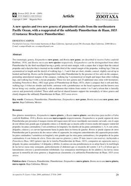 Zootaxa, a New Species and Two New Genera of Pinnotherid Crabs From
