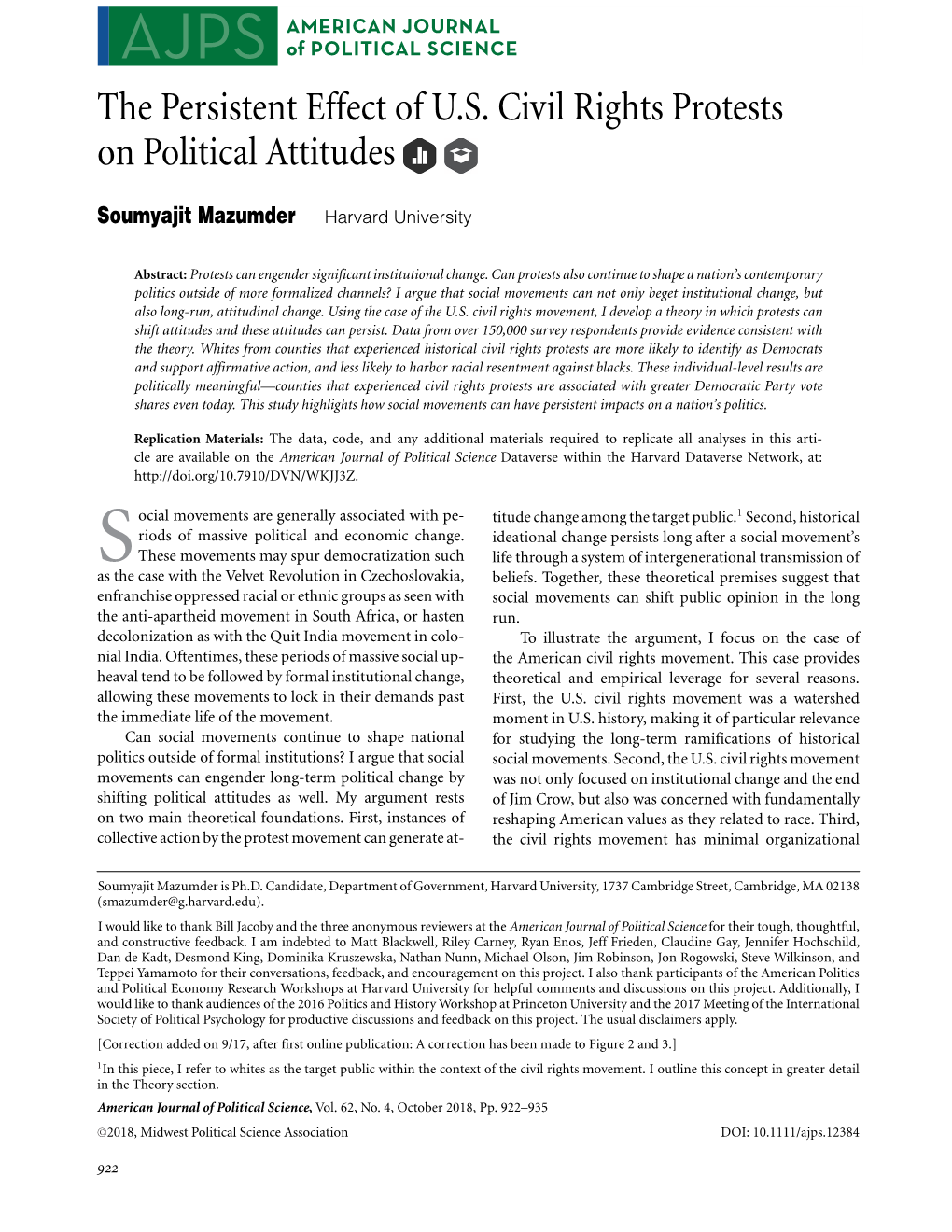 The Persistent Effect of U.S. Civil Rights Protests on Political Attitudes