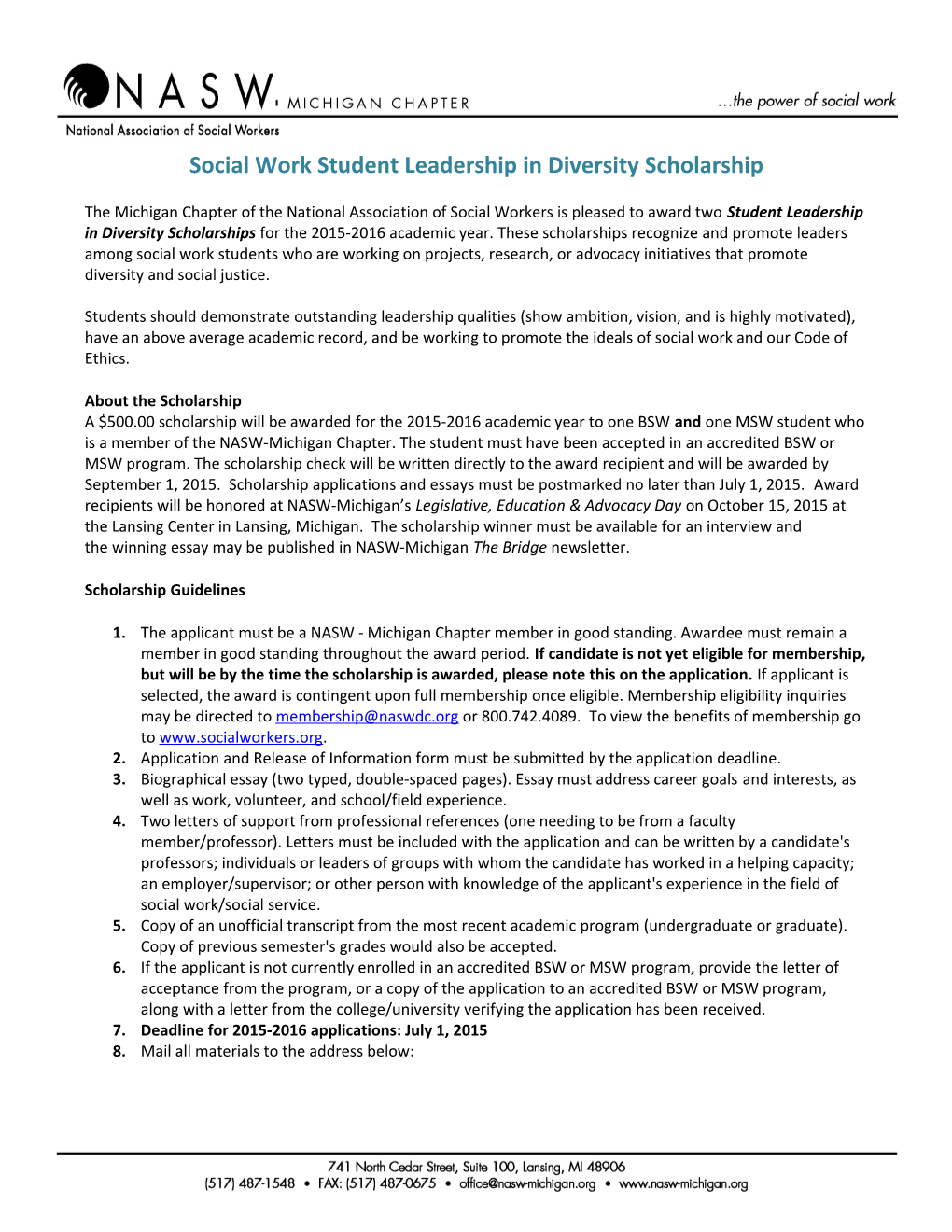 Social Work Student Leadership in Diversity Scholarship
