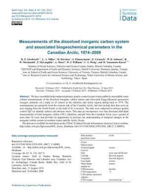 Measurements of the Dissolved Inorganic Carbon System and Associated Biogeochemical Parameters in the Canadian Arctic, 1974–2009
