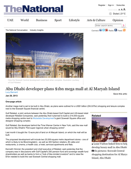 Abu Dhabi Developer Plans $1Bn Mega Mall at Al Maryah Island Lucy Barnard Save This Article Jan 28, 2013