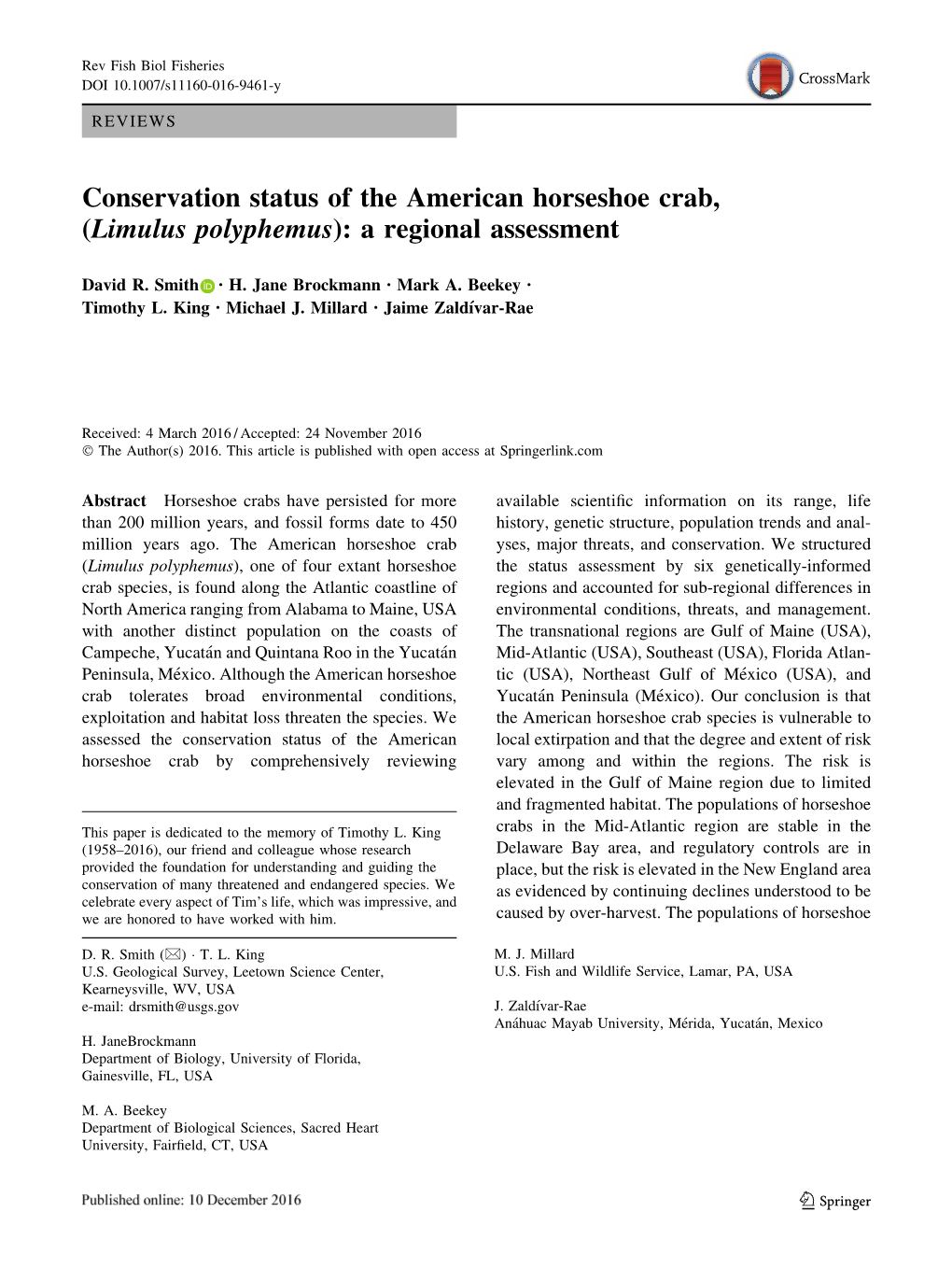 Conservation Status of the American Horseshoe Crab, (Limulus Polyphemus): a Regional Assessment