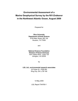 Environmental Assessment of a Marine Geophysical Survey by the R/V Endeavor in the Northwest Atlantic Ocean, August 2009