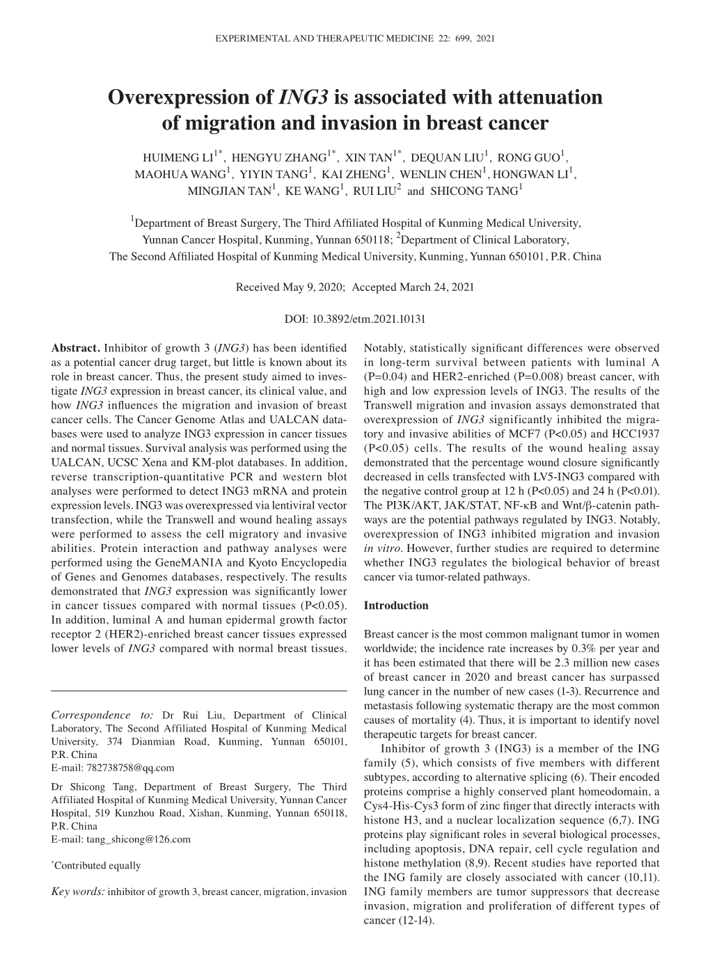 Overexpression of ING3 Is Associated with Attenuation of Migration and Invasion in Breast Cancer