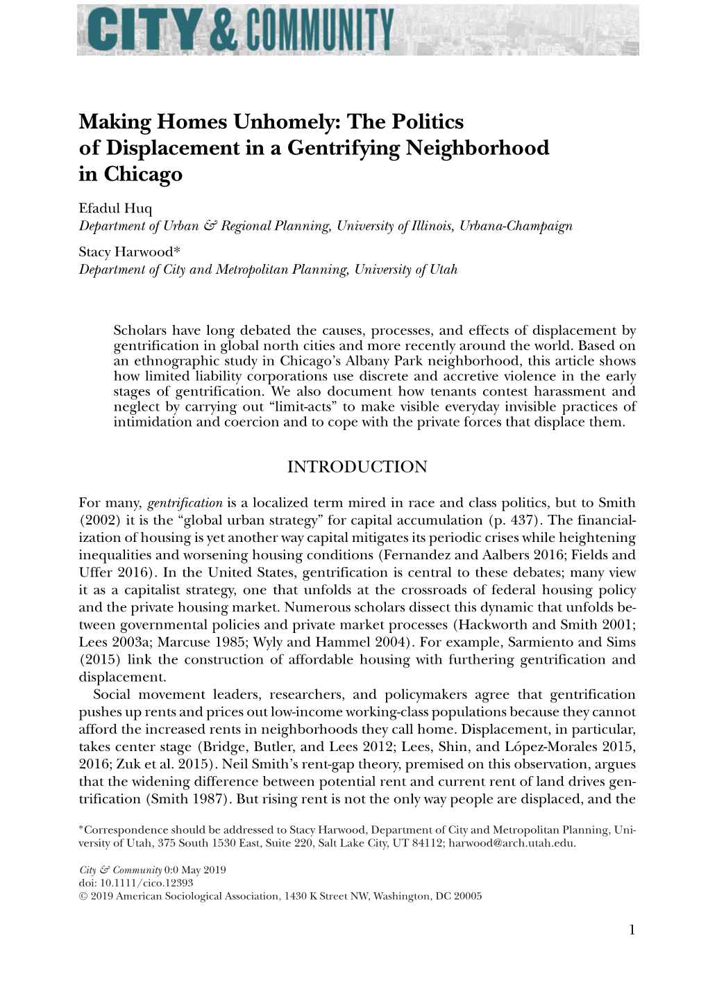 Making Homes Unhomely: the Politics of Displacement in a Gentrifying Neighborhood in Chicago