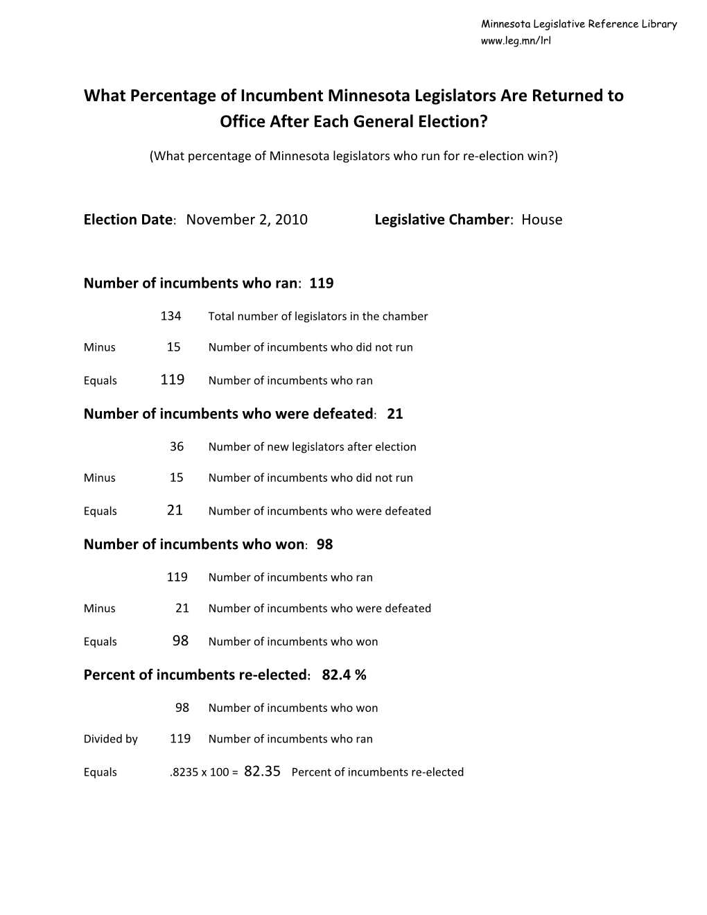 What Percentage of Incumbent Minnesota Legislators Are Returned to Office After Each General Election?