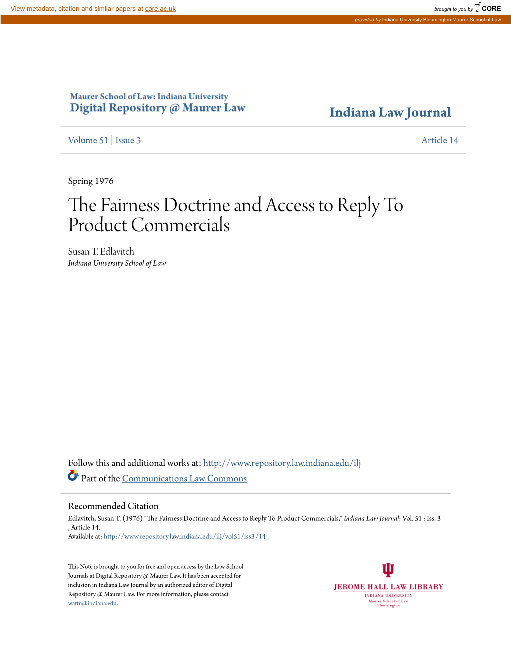 The Fairness Doctrine and Access to Reply to Product Commercials