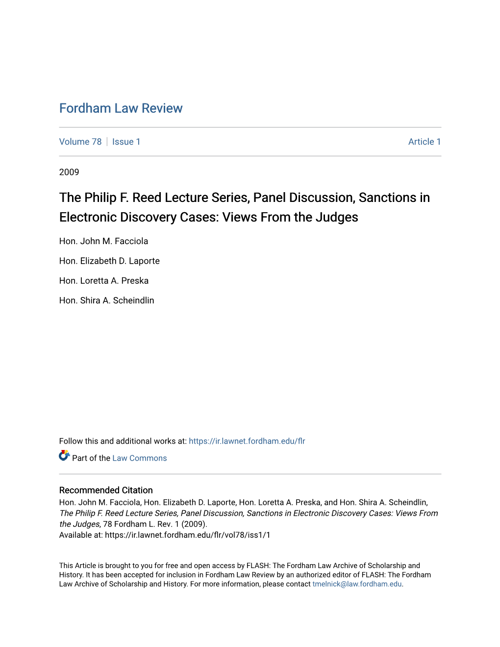 The Philip F. Reed Lecture Series, Panel Discussion, Sanctions in Electronic Discovery Cases: Views from the Judges