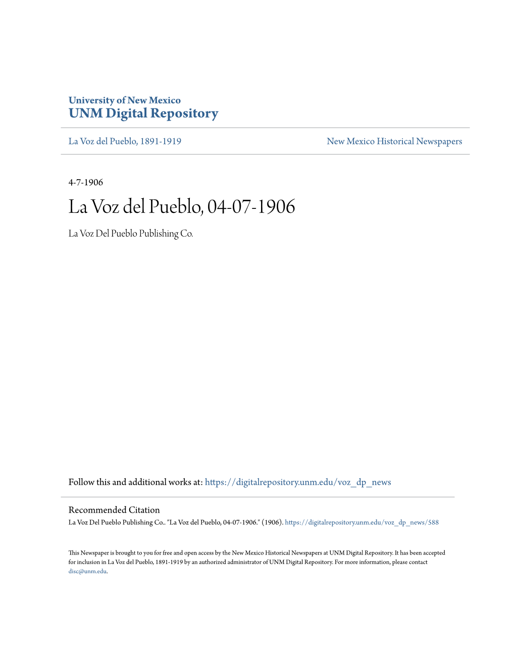 La Voz Del Pueblo, 04-07-1906 La Voz Del Pueblo Publishing Co