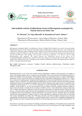 Anti-Arthritic Activity of Chloroform Extract of Barringtonia Acutangula (L) Gaertn