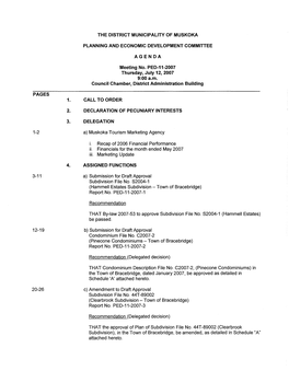 PAGES 1-2 3-11 12-19 20-26 the DISTRICT MUNICIPALITY of MUSKOKA PLANNING and ECONOMIC DEVELOPMENT COMMITTEE AGENDA Meeting No. P