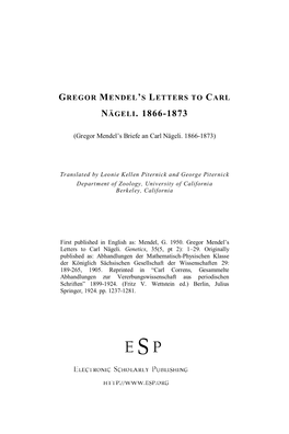 Gregor Mendel's Letters to Carl Nägeli, 1866-1873