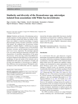 Similarity and Diversity of the Desmodesmus Spp. Microalgae Isolated from Associations with White Sea Invertebrates