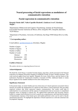 Neural Processing of Facial Expressions As Modulators of Communicative Intention Facial Expression in Communicative Intention