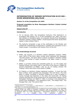 Determination of Merger Notification M/07/005 – River Newspapers (Ni)/Olok