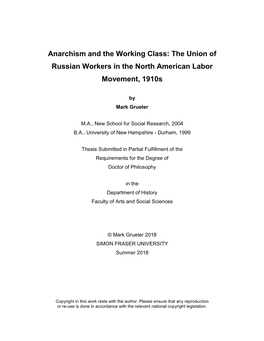 Anarchism and the Working Class: the Union of Russian Workers in the North American Labor Movement, 1910S