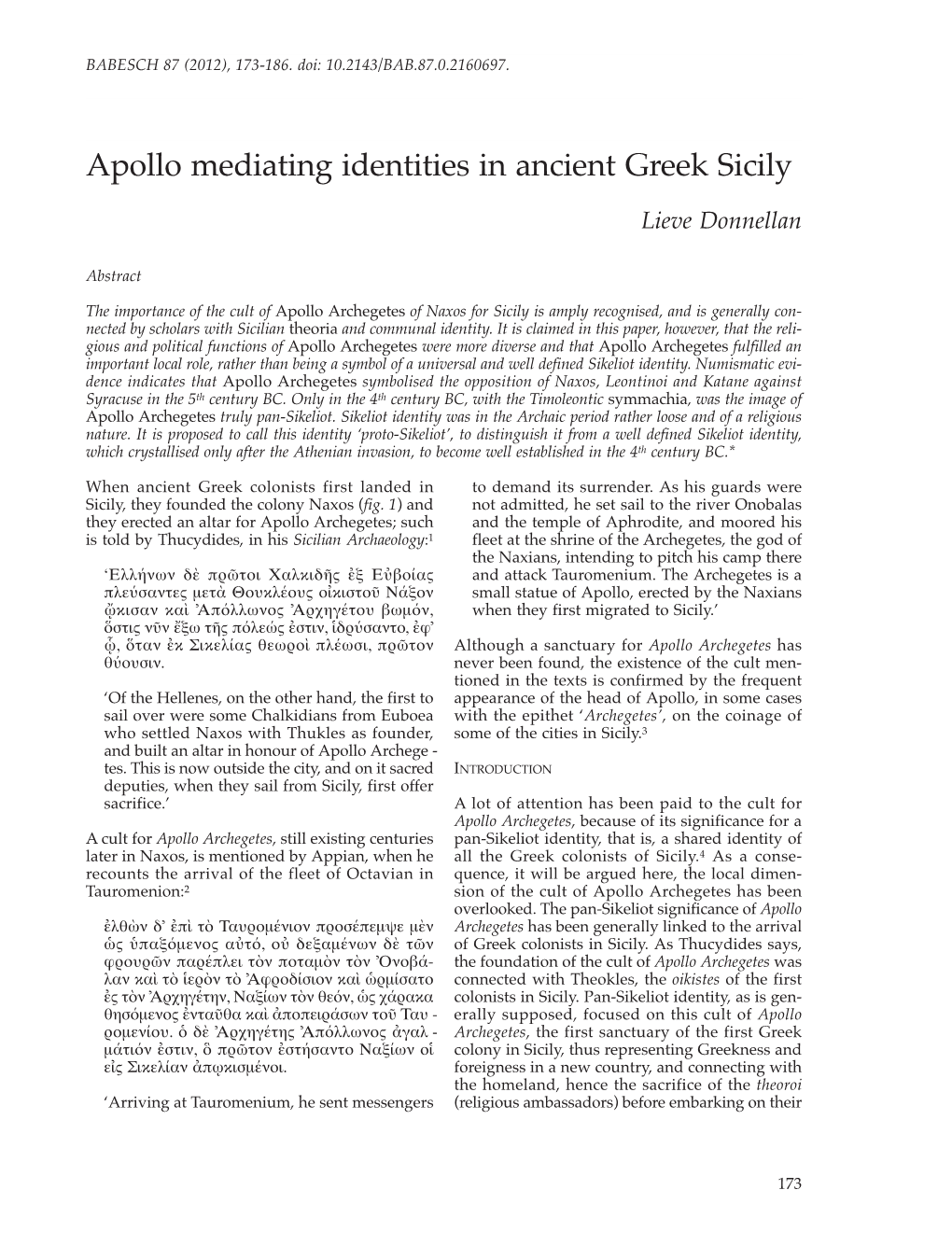 Apollo Mediating Identities in Ancient Greek Sicily