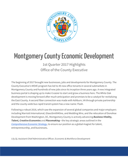 Montgomery County Economic Development 1St Quarter 2017 Highlights Office of the County Executive