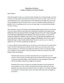 Rising Above the Rancor: a Letter to Students at an Historic Moment