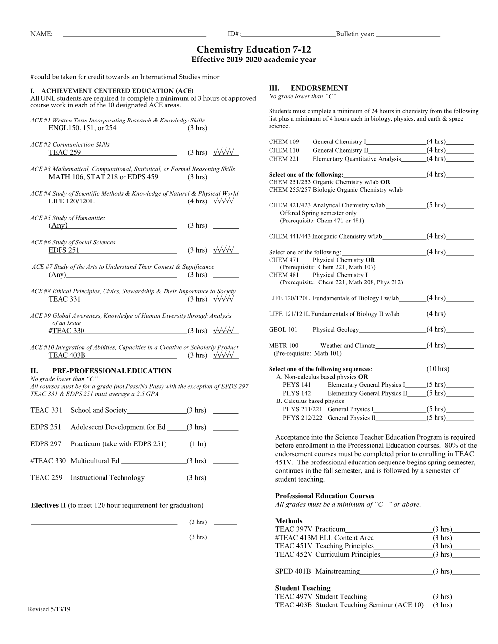 Chemistry Education 7-12 Effective 2019-2020 Academic Year