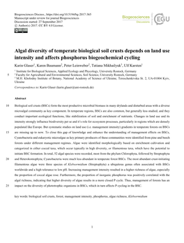 Algal Diversity of Temperate Biological Soil Crusts Depends on Land Use Intensity and Affects Phosphorus Biogeochemical Cycling