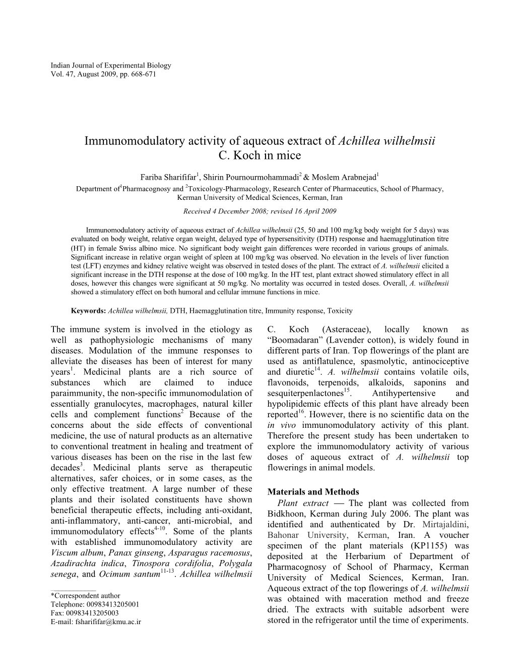 Immunomodulatory Activity of Aqueous Extract of Achillea Wilhelmsii C