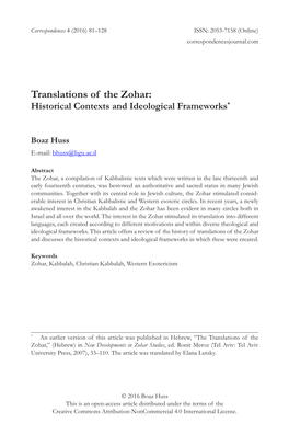Translations of the Zohar: Historical Contexts and Ideological Frameworks*