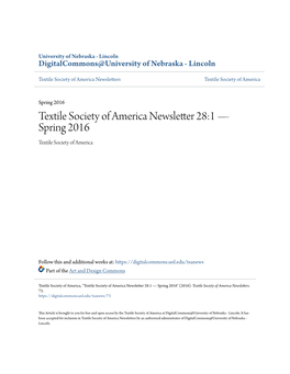 Textile Society of America Newsletter 28:1 — Spring 2016 Textile Society of America