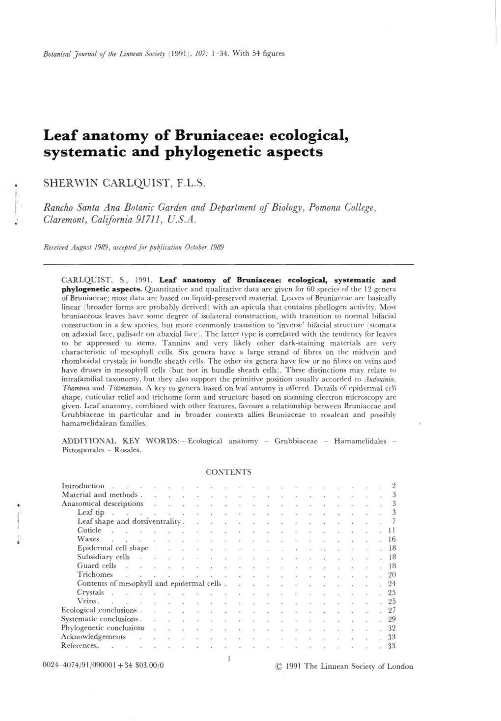 Leaf Anatomy of Bruniaceae: Ecological, Systematic and Phylogenetic Aspects