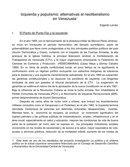 Izquierda Y Populismo. Alternativas Al Neoliberalismo En Venezuela