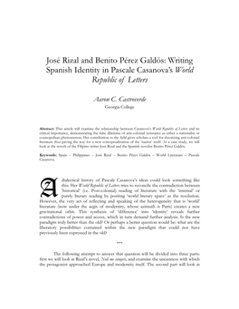 José Rizal and Benito Pérez Galdós: Writing Spanish Identity in Pascale Casanova’S World Republic of Letters