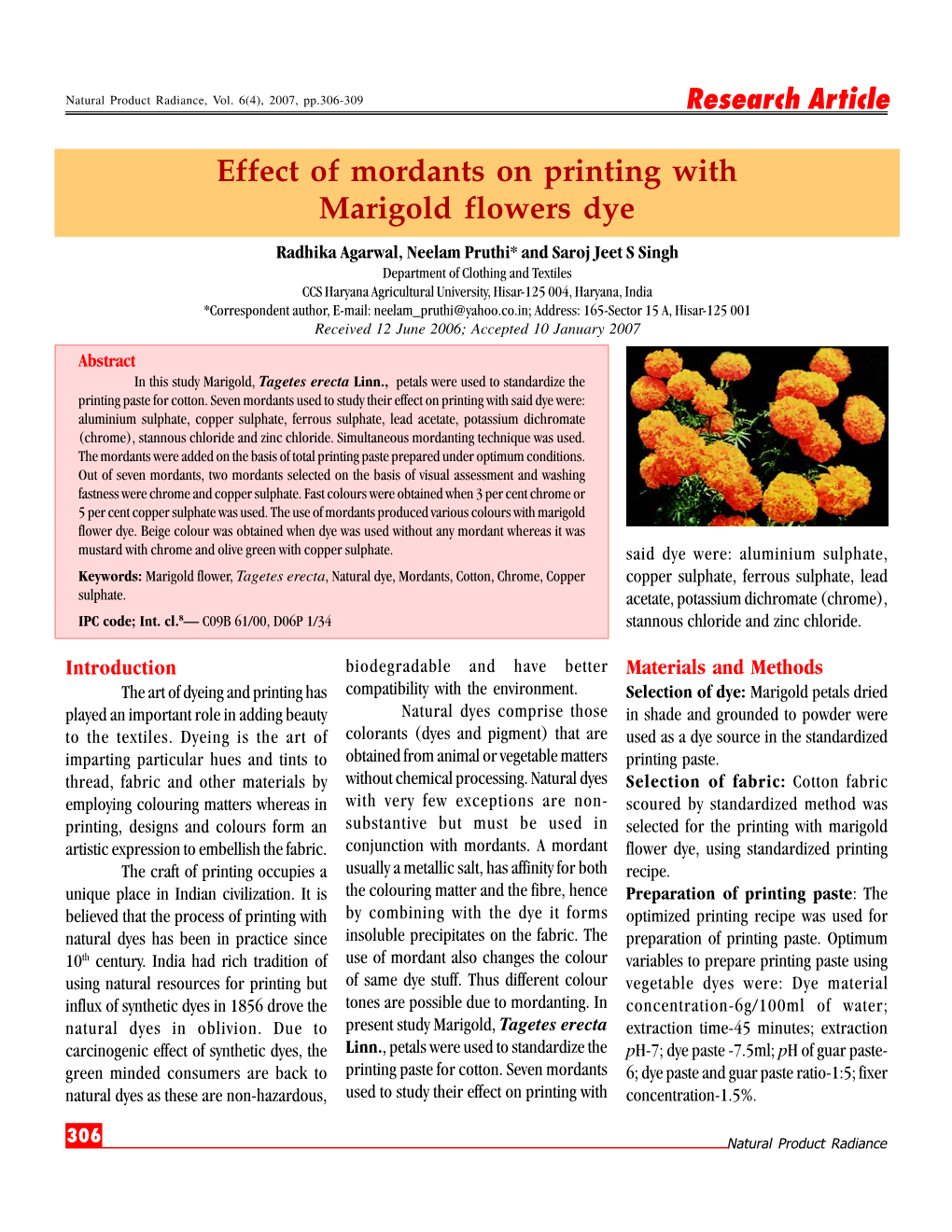 Effect of Mordants on Printing with Marigold Flowers