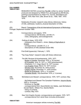 1984-017/001 RESEARCH NOTES Concerning the Mill, Written By