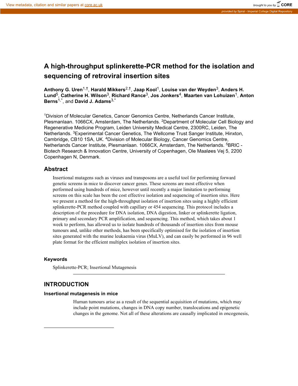 A High Throughput Splinkerette PCR Method For The Isolation And   A High Throughput Splinkerette Pcr Method For The Isolation And Sequencing Of Retroviral Insertion Sites 