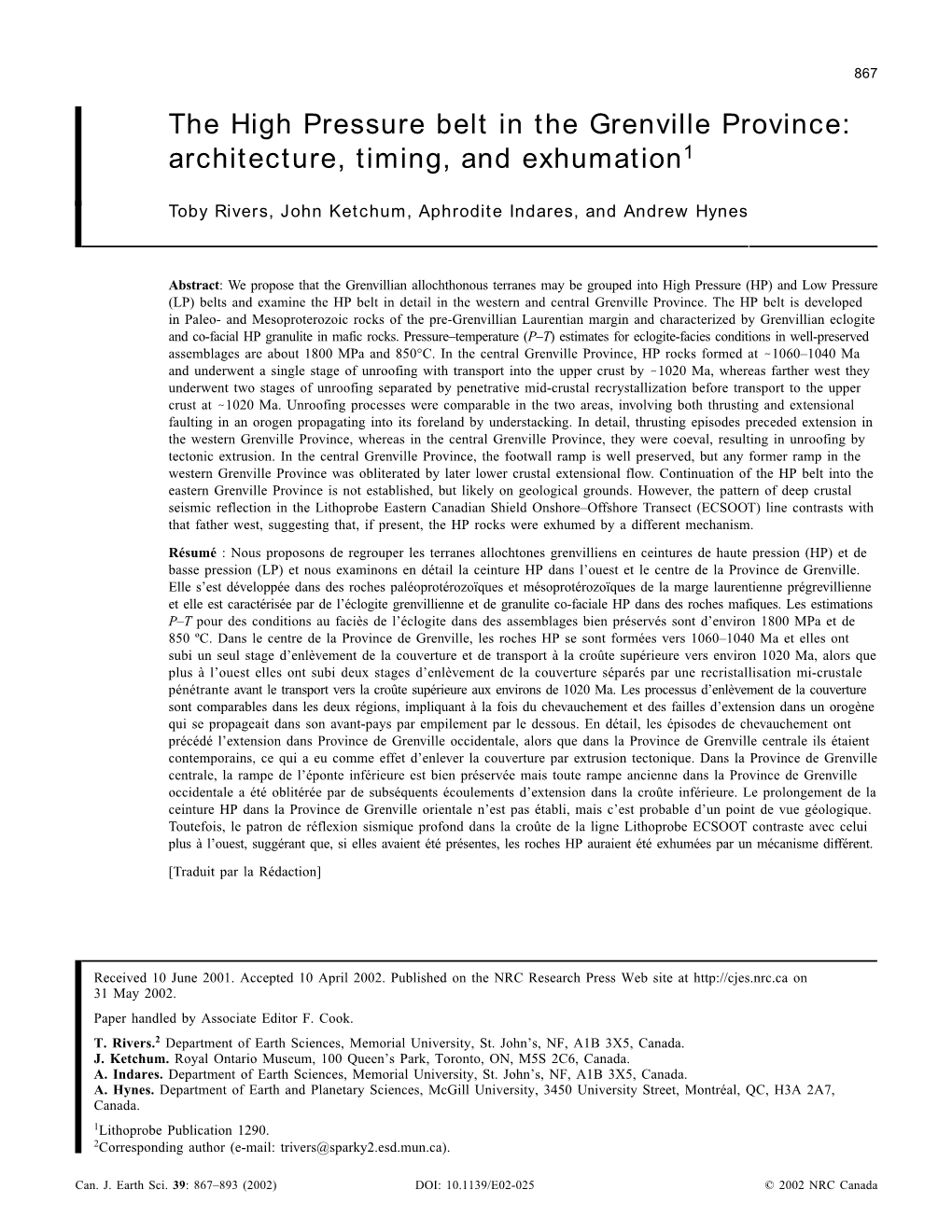 The High Pressure Belt in the Grenville Province: 75 Architecture, Timing, and Exhumation1