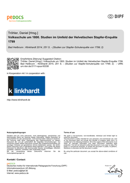 Volksschule Um 1800. Studien Im Umfeld Der Helvetischen Stapfer-Enquête 1799