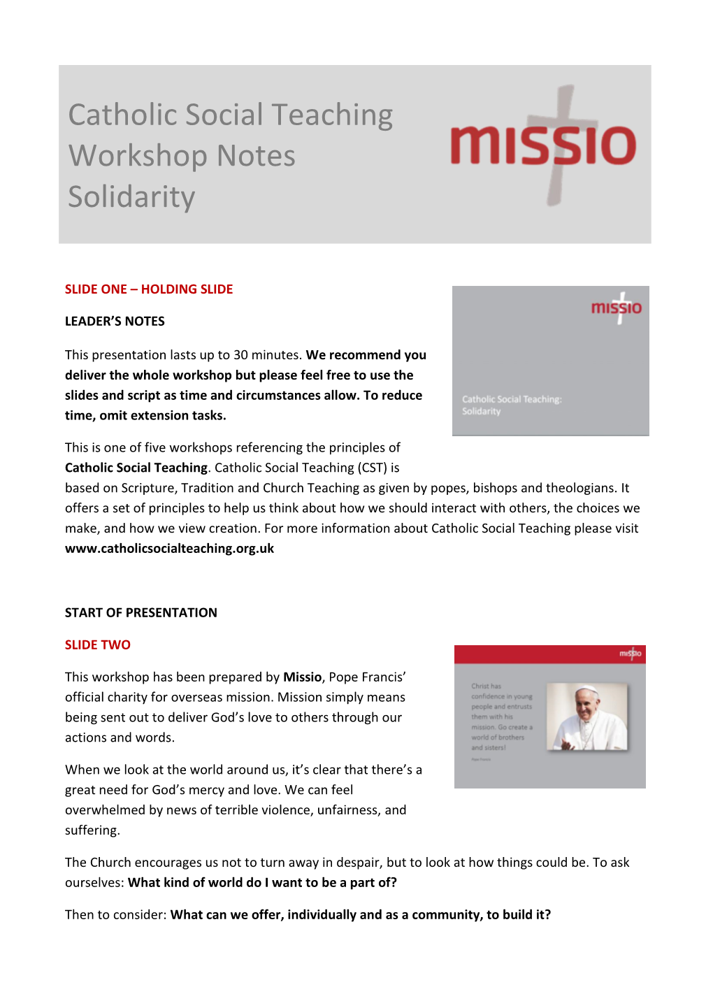 Catholic Social Teaching Workshop Notes Solidarity