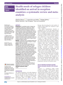 Health Needs of Refugee Children Identified on Arrival in Reception Countries: a Systematic Review and Meta- Analysis