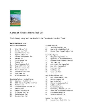 Canadian Rockies Hiking Trail List